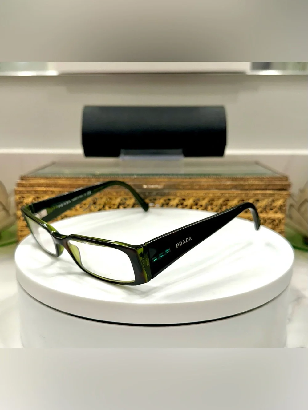 Prada Project Green Jeweled Rx Eyeglass Frames, 1 broken temple tip w/Prada Case